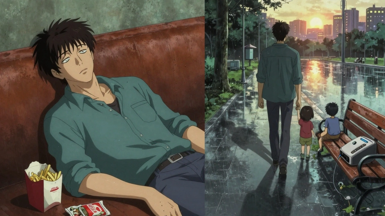 Before and after: exhausted man on couch vs. same man walking with kids at sunrise, CPAP machine discarded.