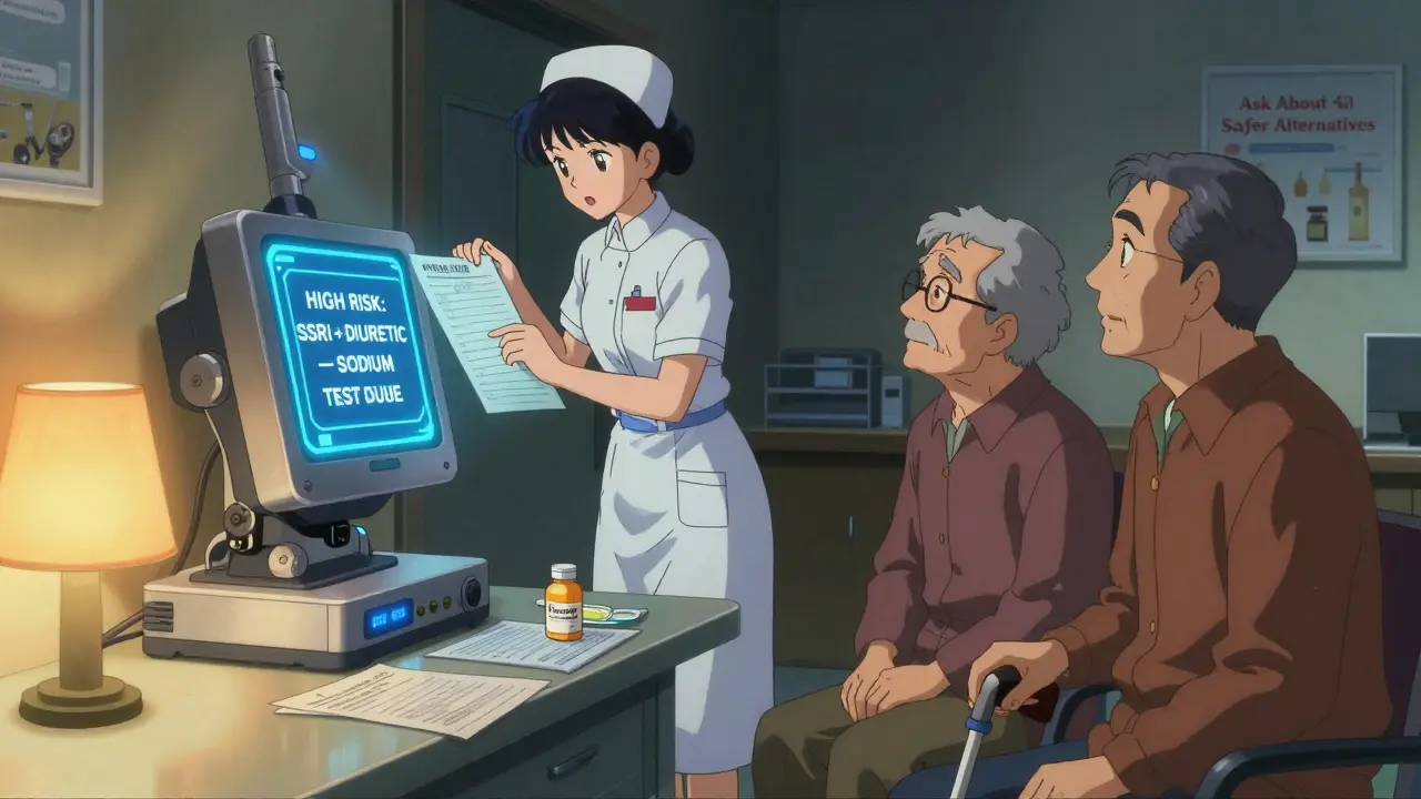 Clinic waiting room with AI warning about SSRI and diuretic risk, elderly couple concerned.