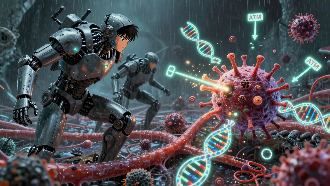 Cybernetic T-cells attacking a tumor releasing DNA signals in a vascular battlefield.
