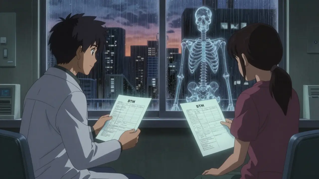 Doctor and patient reviewing bone turnover test results under dim clinic lights.