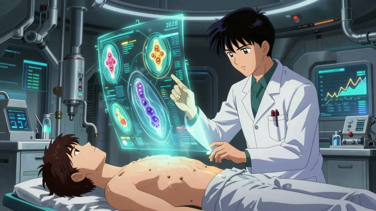 Doctors analyzing holographic biomarkers and IL-23 inhibitor data in a futuristic medical lab.