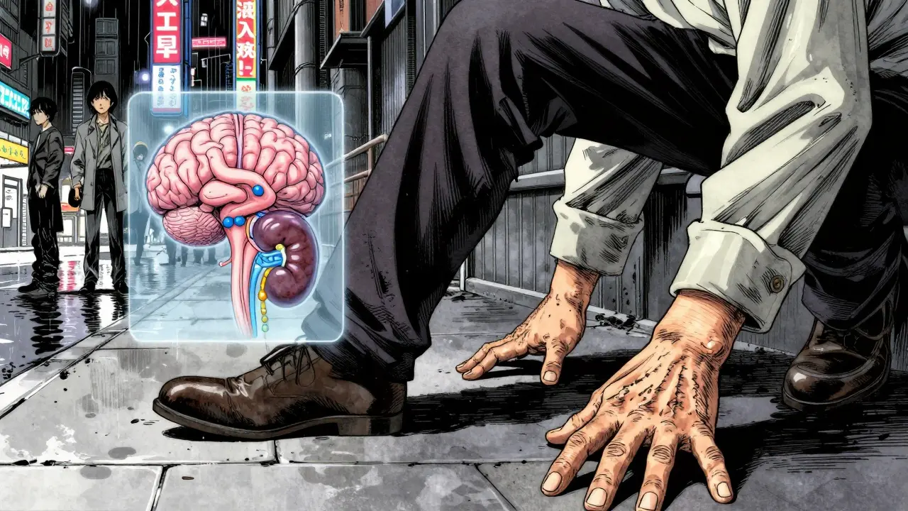 Elderly man stumbling on rainy sidewalk, internal view of brain swelling from hyponatremia.