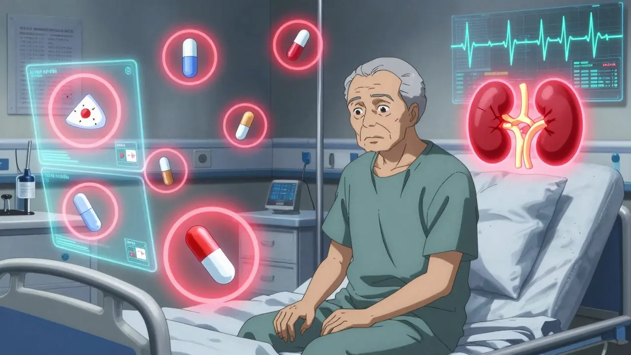 Elderly patient in hospital bed with floating warning icons of interacting drugs and cracked kidney symbol.