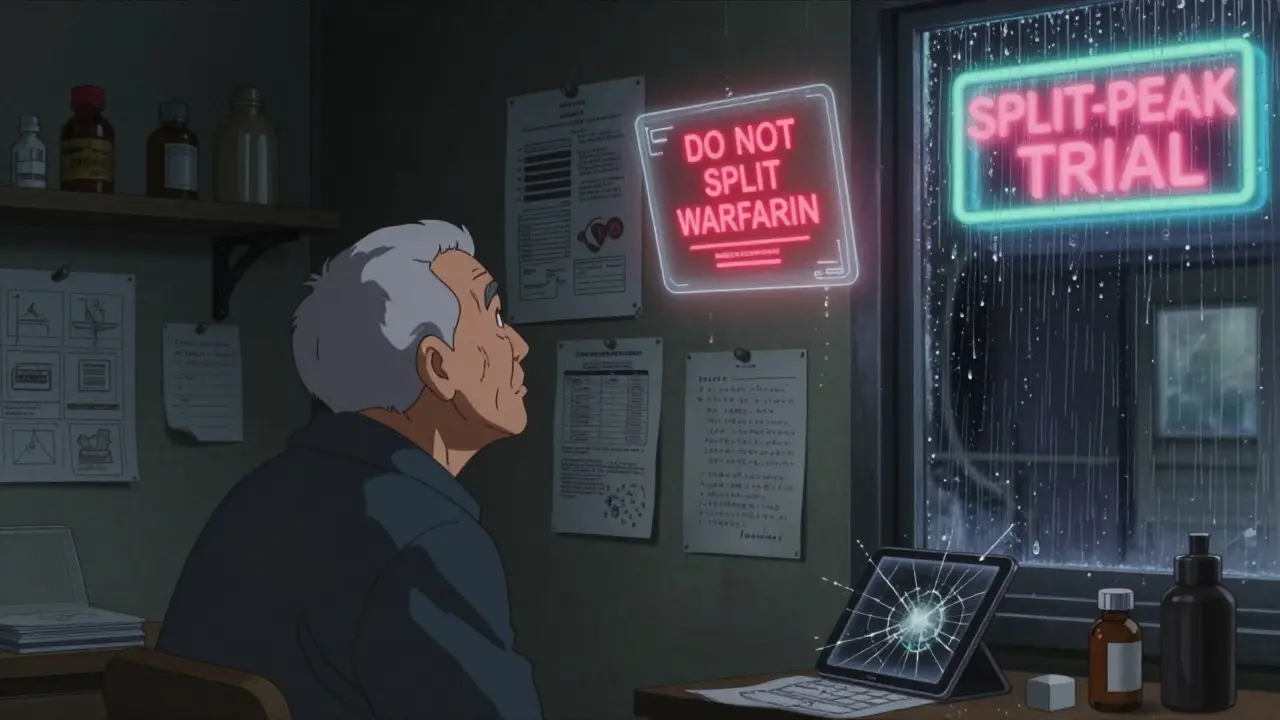 Elderly patient surrounded by medical charts and a flickering 'DO NOT SPLIT WARFARIN' hologram in a rainy apartment.