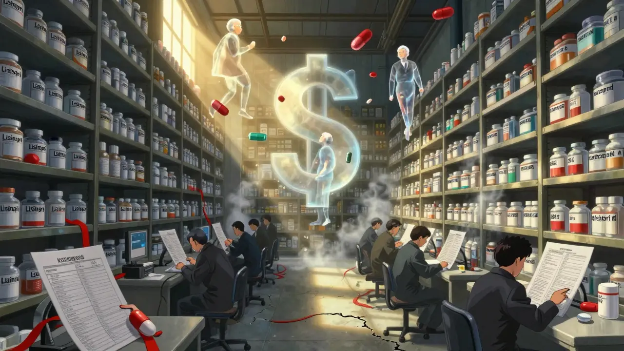 Endless shelves of generic pills float above seniors walking under a <h2>What You Need to Do Now</h2> sign, with shadowy administrators below.