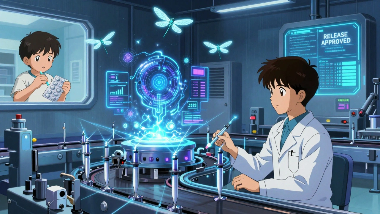 Futuristic manufacturing line with AI sensors scanning insulin pens in real-time, one labeled &#039;RELEASE APPROVED&#039;.