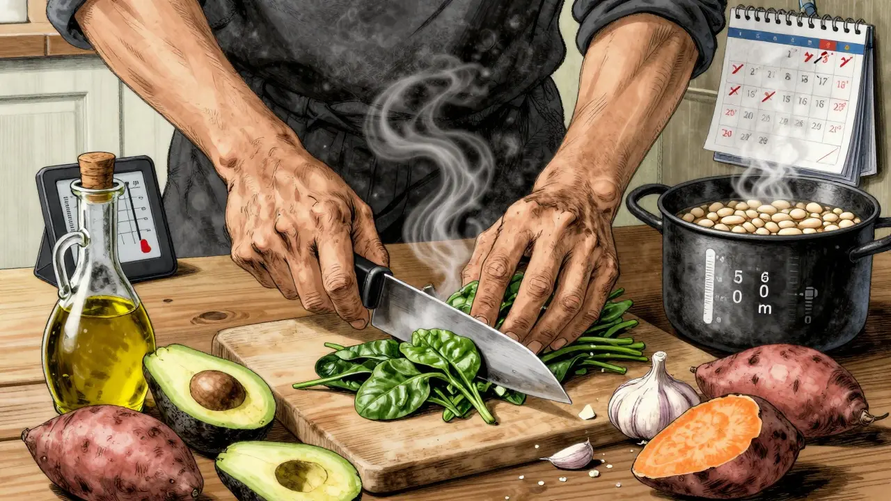 Hands preparing a low-sodium meal with fresh vegetables and a blood pressure graph on a tablet.