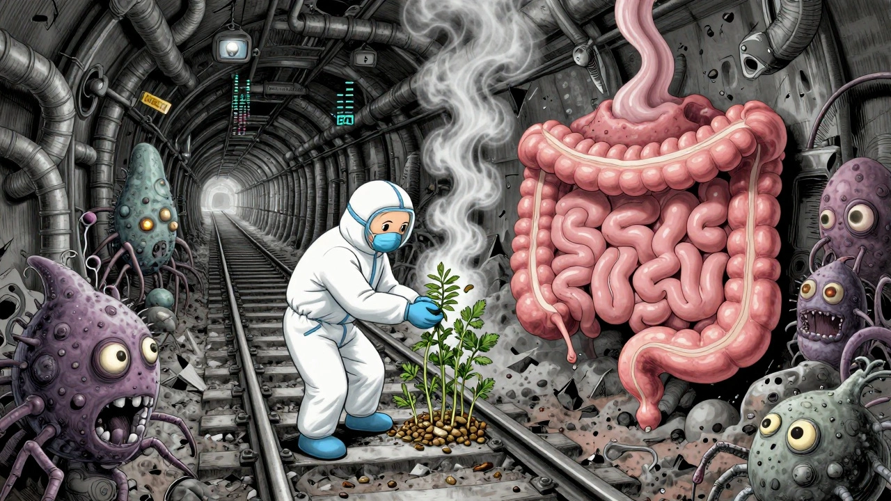 Internal dystopian landscape of the gut overrun by bacteria, with a doctor planting herbal remedies.