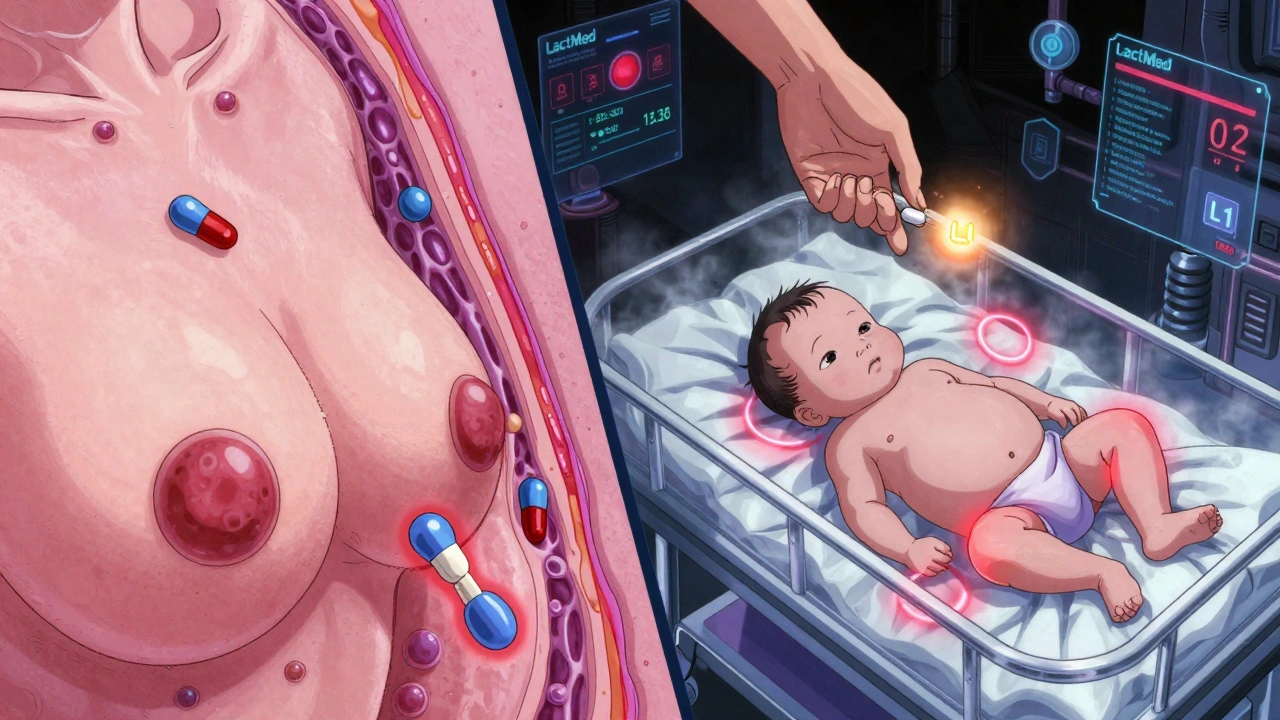 Medical cross-section showing drug molecules in breast tissue and premature infant with safety ratings.