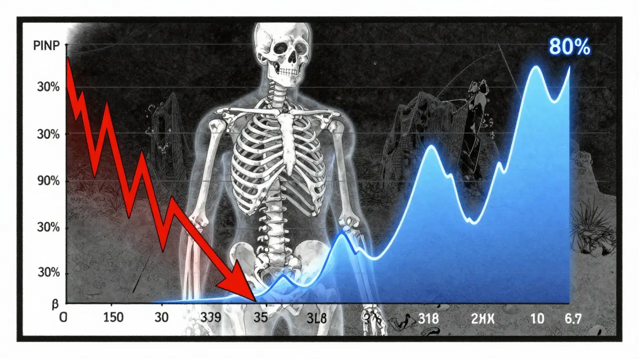 Medical dashboard showing rising PINP and falling β-CTX-I levels with a glowing skeleton.