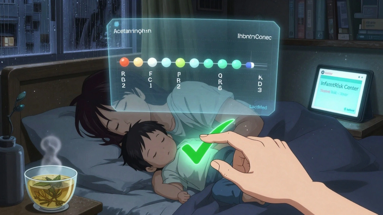 Mother and baby sleeping with holographic drug half-life timeline and green safety checkmark above.