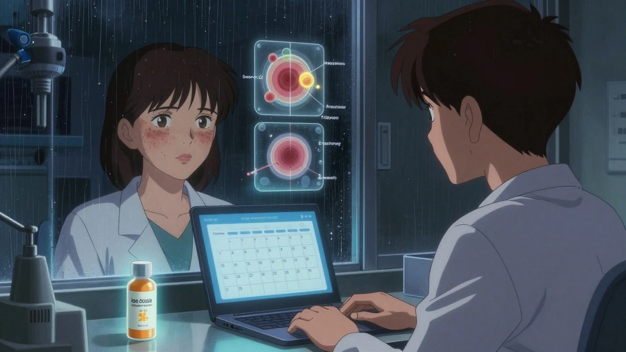 Patient in dermatologist&#039;s office seeing fading melasma with floating treatment icons.