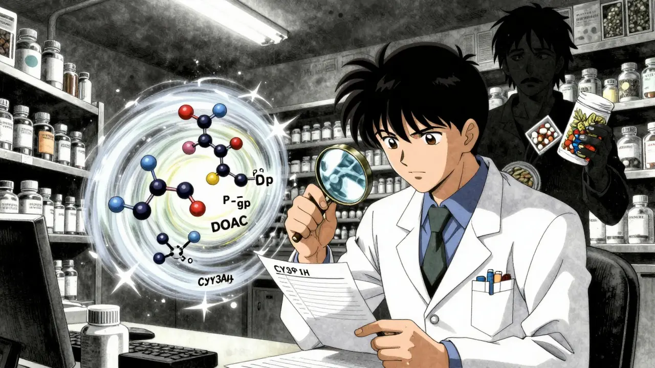 Pharmacist examining prescription as molecular structures explode around them in cluttered pharmacy.