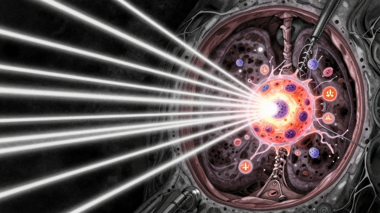 Precision radiation beams converging on a tumor in lung tissue, with hypoxic zones and immune signals visible.