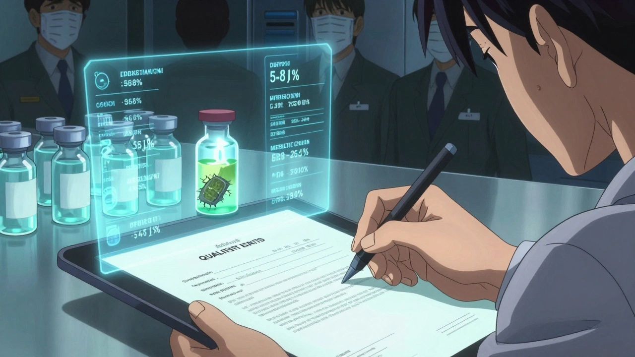 Qualified Person signing a digital release certificate surrounded by floating data streams of drug test results.