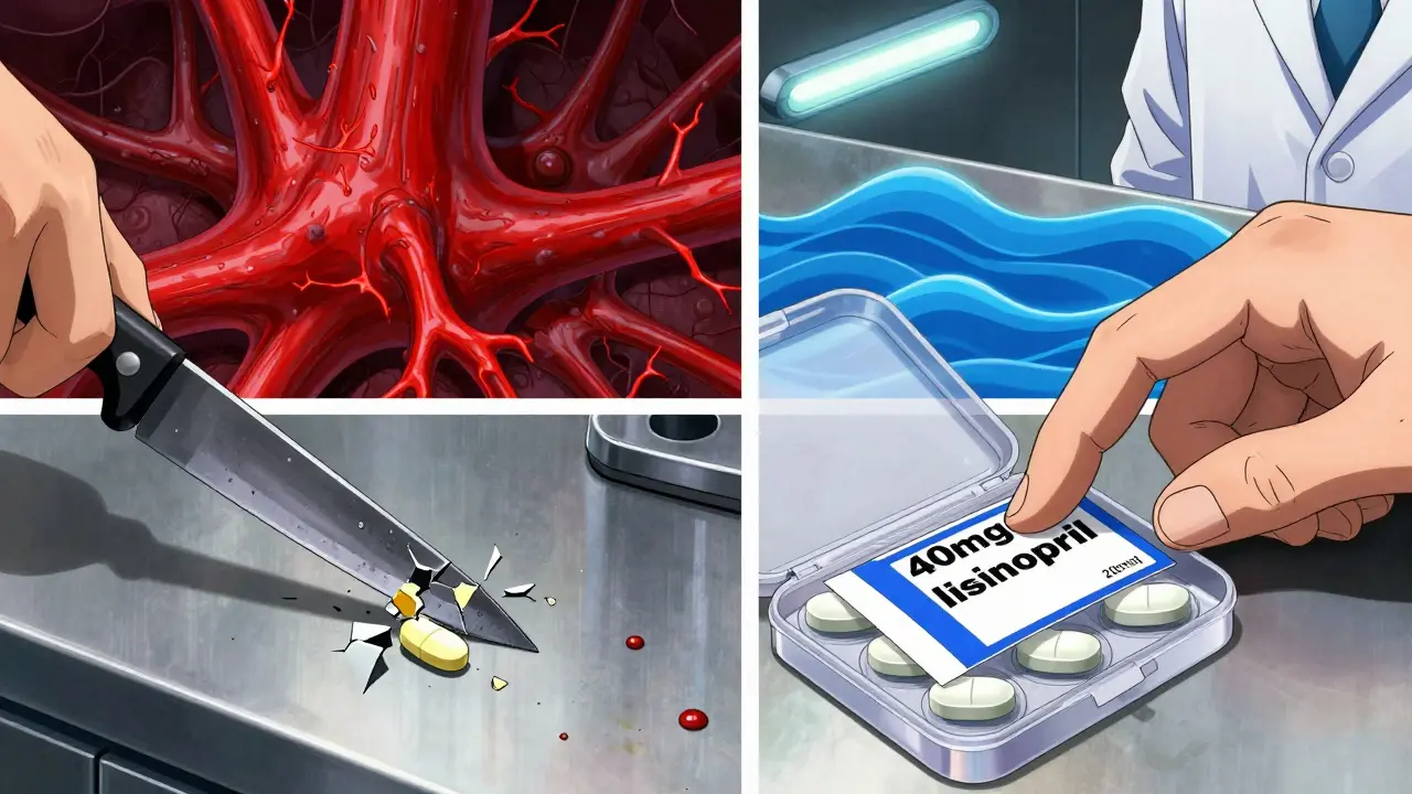 Rusty knife splitting a lisinopril tablet beside two intact tablets, with blood vessel patterns showing dangerous vs. safe peaks.