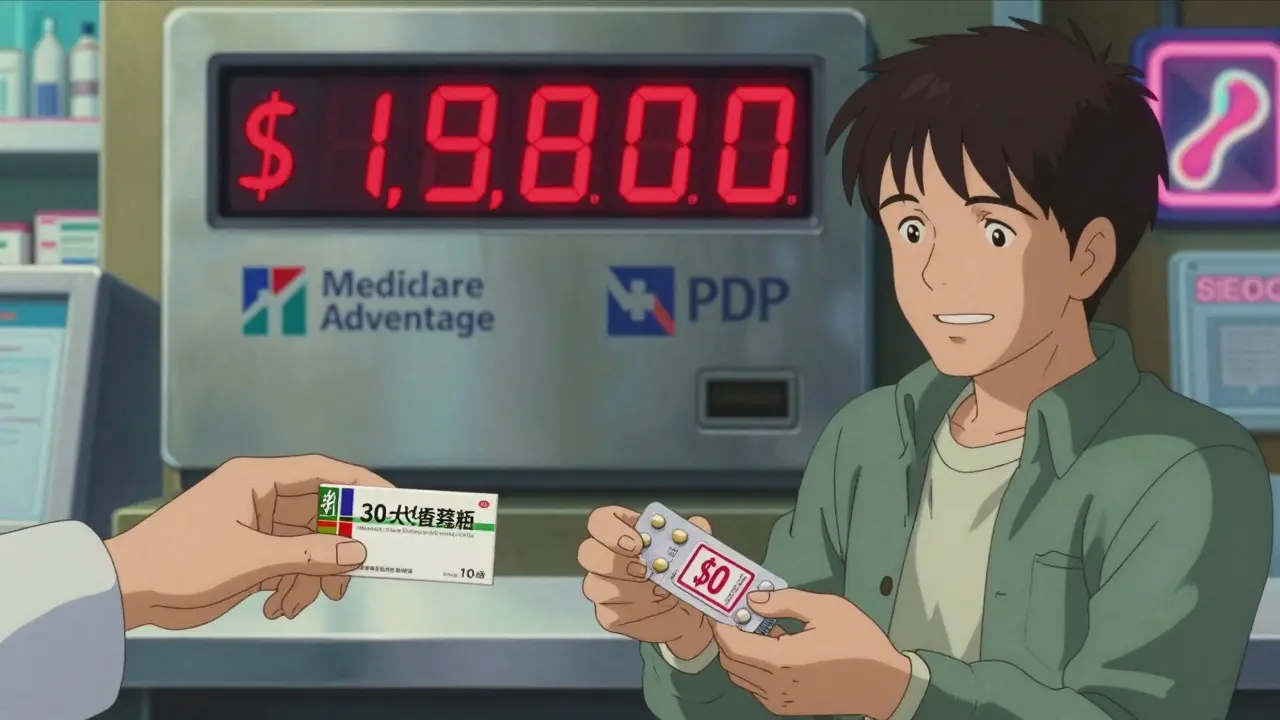 Side-by-side pharmacy scenes showing  and <h2>PDPs vs. MA-PDs: Which One Saves You More?</h2> generic copays, with a digital counter reaching ,000.