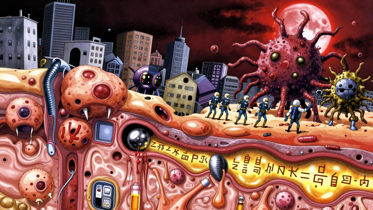 Skin infection transforming into dystopian cityscape with antibiotic warriors