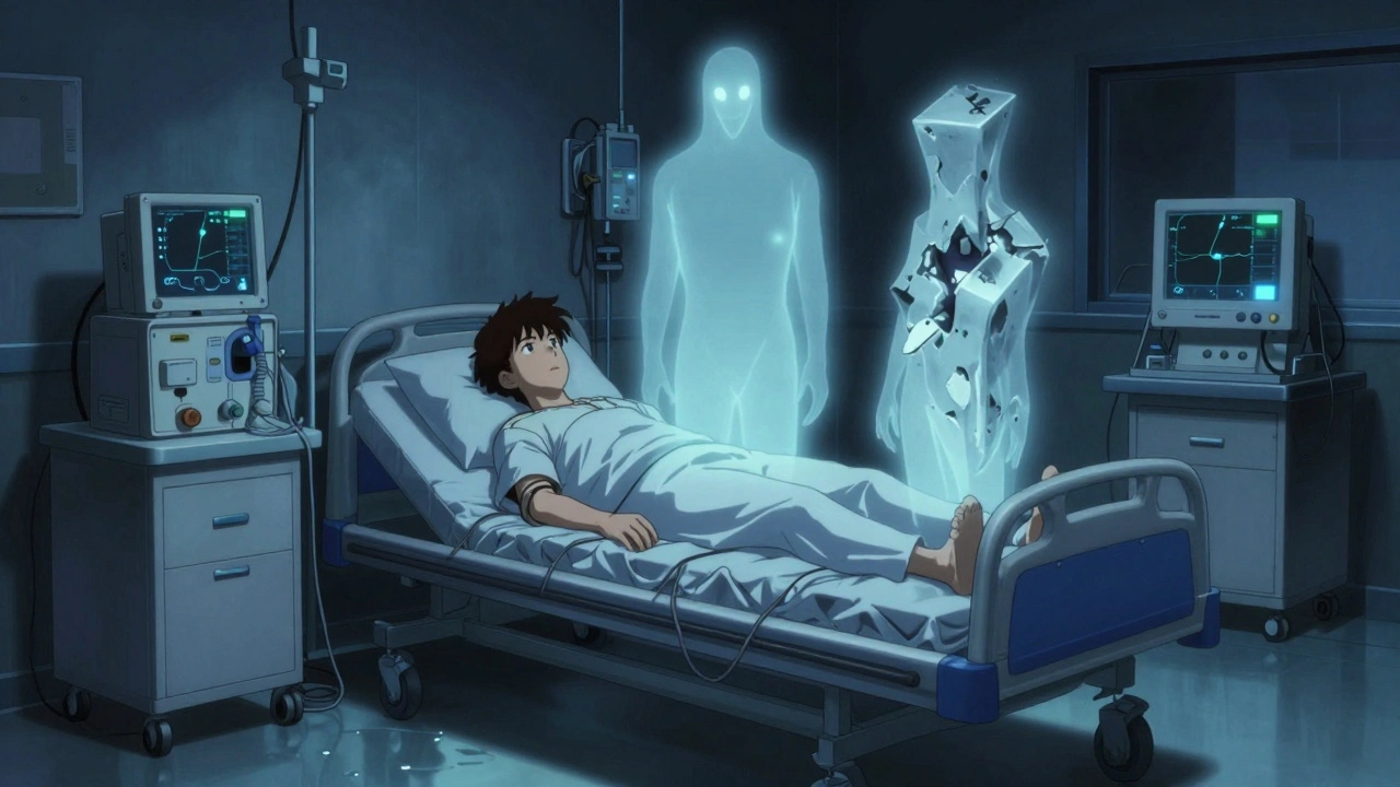 Sleep lab scene with ghostly hormone figures floating above a patient connected to a CPAP machine.