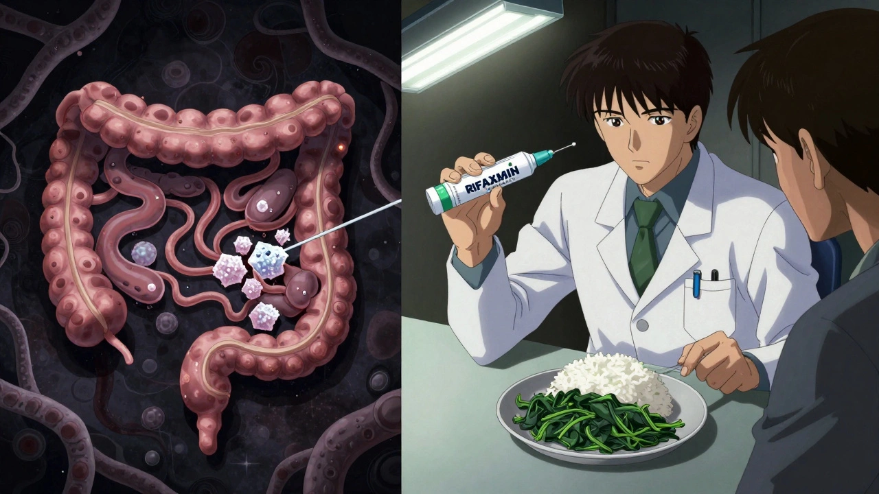 Small intestine with bacterial overgrowth contrasted with a patient eating a SIBO-friendly meal.