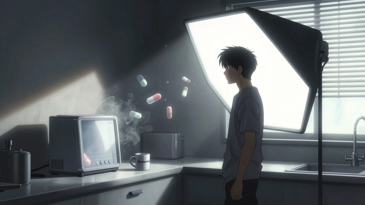 Someone receiving morning light therapy, with glowing box and dissolving medication molecules in the background.