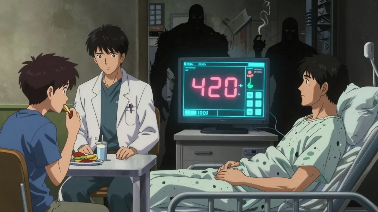 Split scene: a man ignoring health advice vs. later facing a high coronary calcium score in a hospital.