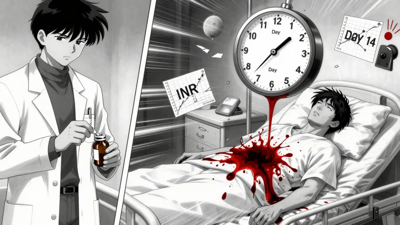 Split scene: doctor removing phenytoin pills on one side, patient collapsing from stroke on the other, with a ticking clock above.