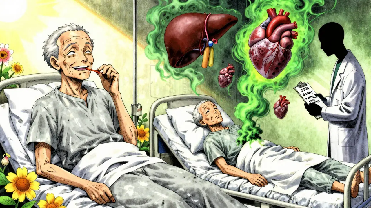 Split scene: healthy patient vs. same person collapsing with organ fragments dissolving into toxic smoke.