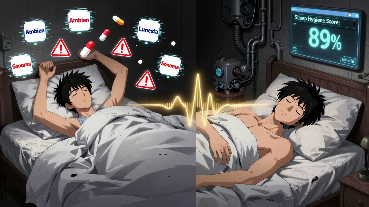 Split scene: one side shows restless sleep with warning pills, other shows peaceful rest with circadian wave and sleep score.