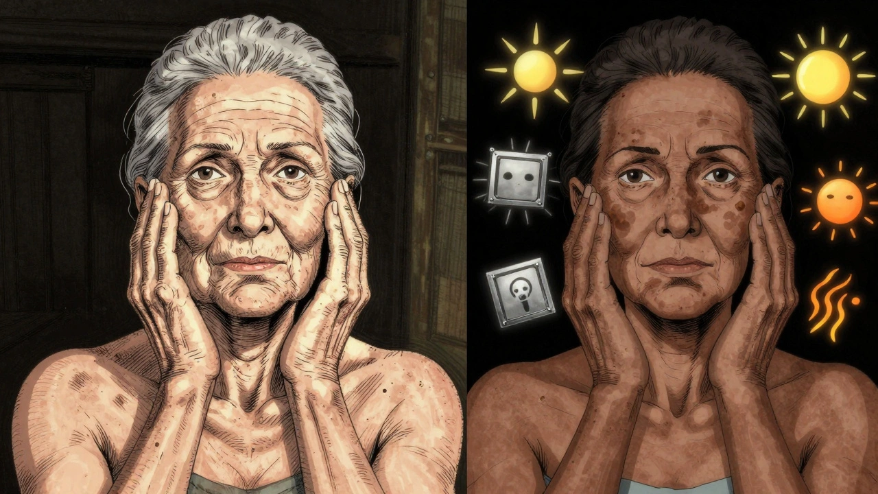 Split scene: sun spots on hands vs. melasma on face with light and heat symbols.