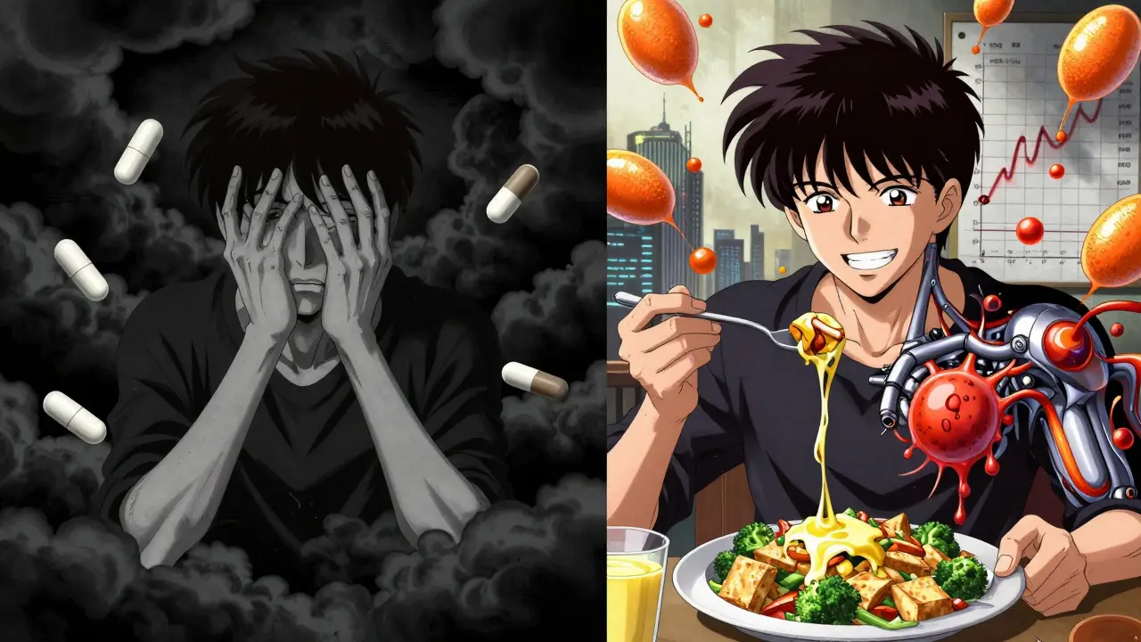 Split scene: tired person blocked by inhibitors vs. energized person with vitamin C-enhanced iron absorption.