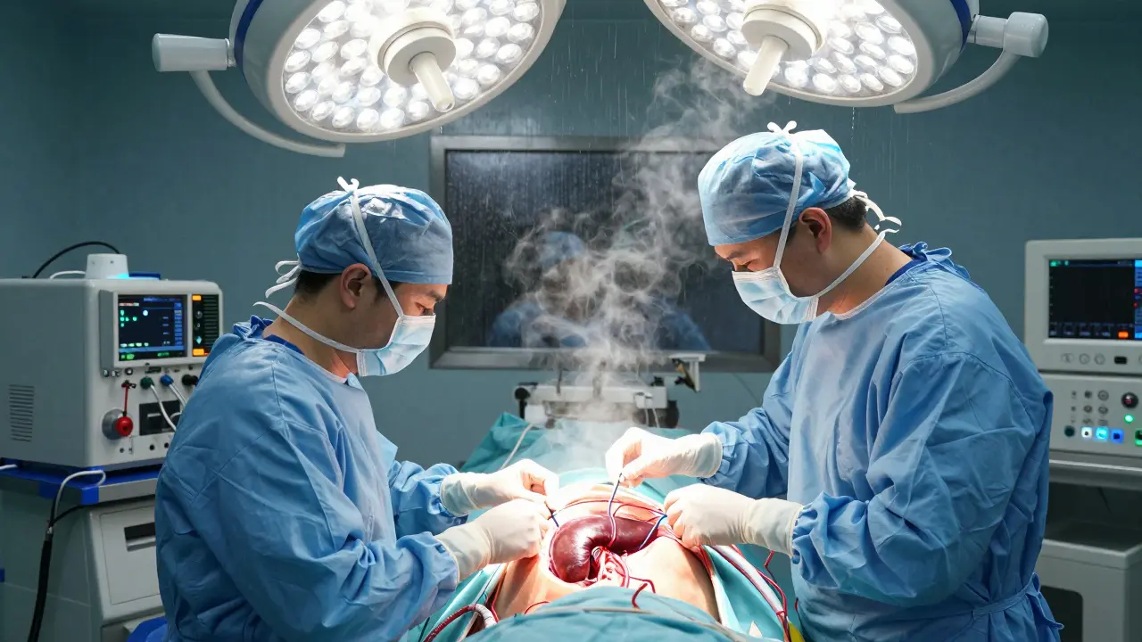 Surgeons performing a liver transplant with glowing blood vessels and a new liver being connected.