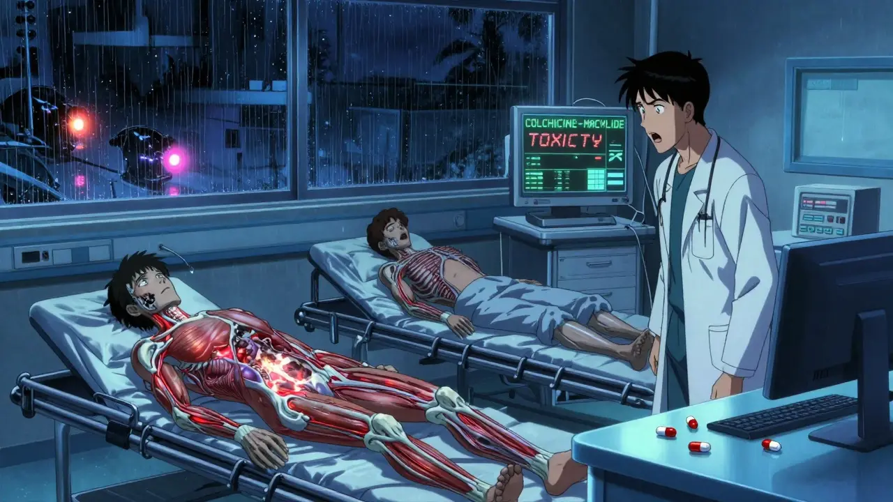 Three patients in an ER lie still as internal damage glows red, while azithromycin capsules sit untouched.