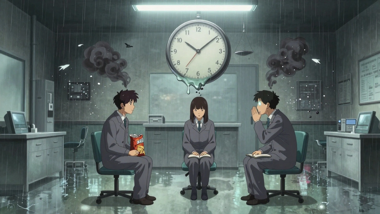 Three people in a therapy circle as negative thoughts transform into birds above them, under flickering lights.