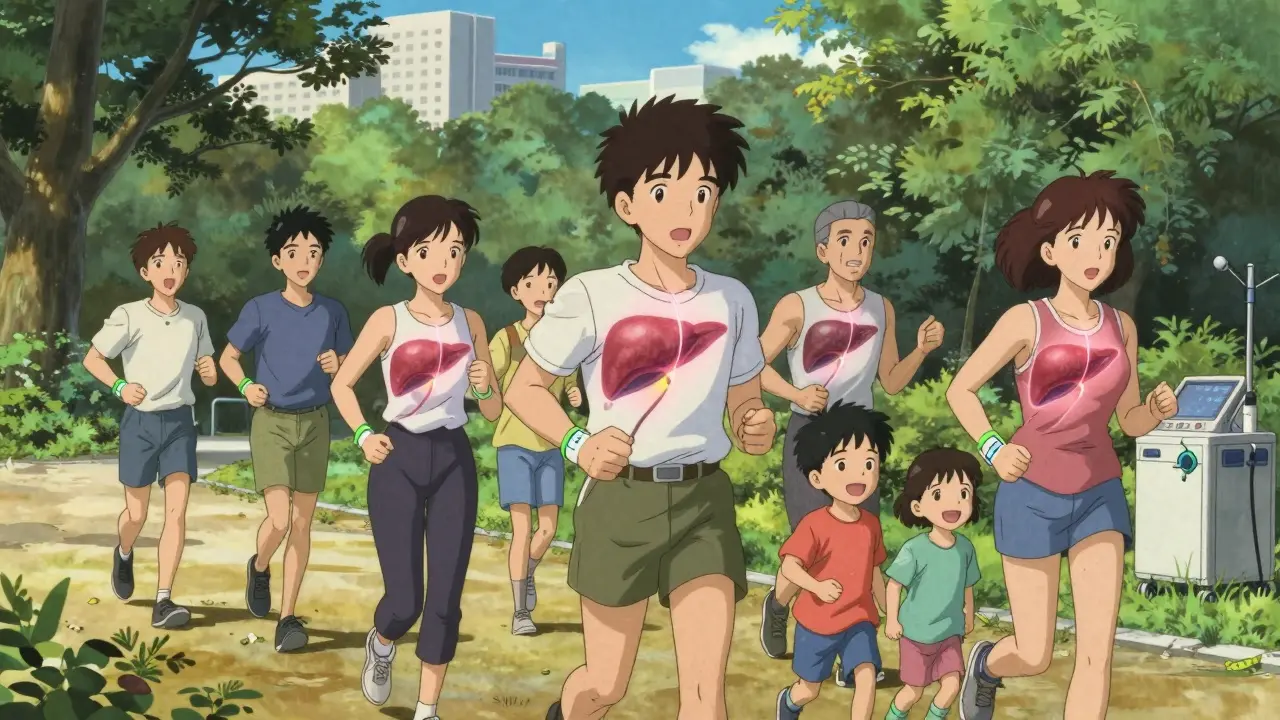 Transplant recipients in a park with faint glowing livers above them, symbolizing recovery and lifelong care.