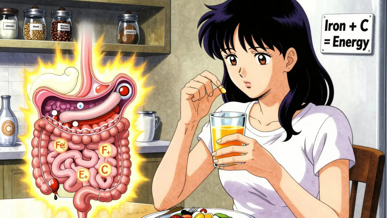 Woman taking iron supplement with orange juice, translucent vitamin C repelling coffee and calcium blockers.