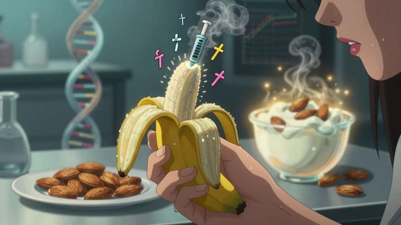 A banana splits open revealing hormonal storms, while healthy foods glow beside it in a medical setting.
