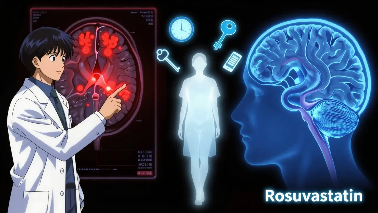 A brain scan splits into inflamed and healthy states, with a patient stepping from darkness to clarity.