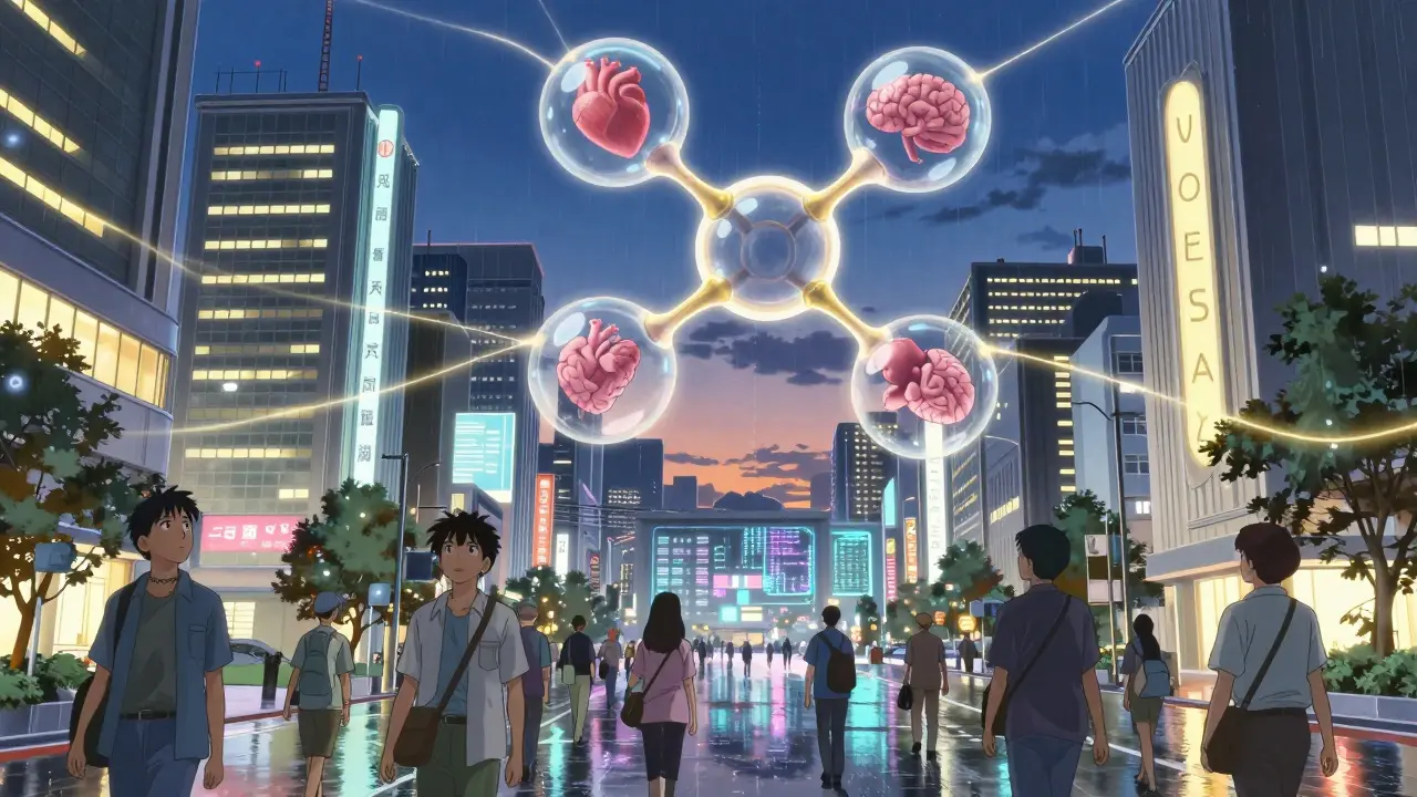 A city lit by arterial light, with a statin molecule shielding hearts and brains above bustling streets.