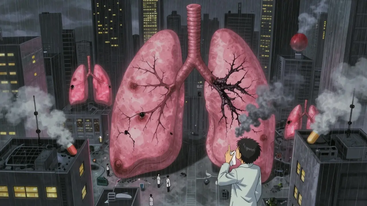 A city of lung-shaped buildings, some scarred and dark, with pill smoke rising as a person coughs, rain falling in a cyberpunk scene.