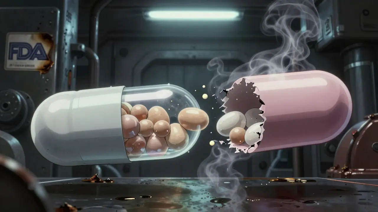 A dissected extended-release pill next to a flickering biosimilar, industrial backdrop.
