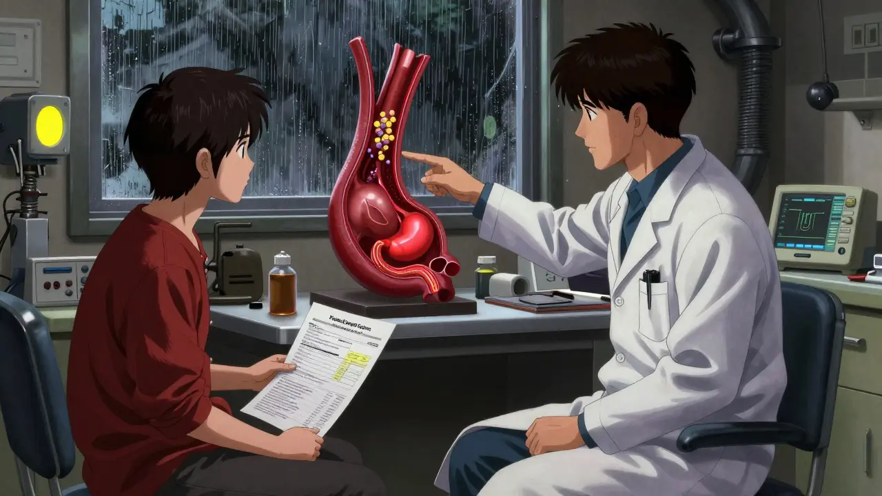 A doctor and patient reviewing a holographic artery model with plaque and bleeding risks in a clinic.