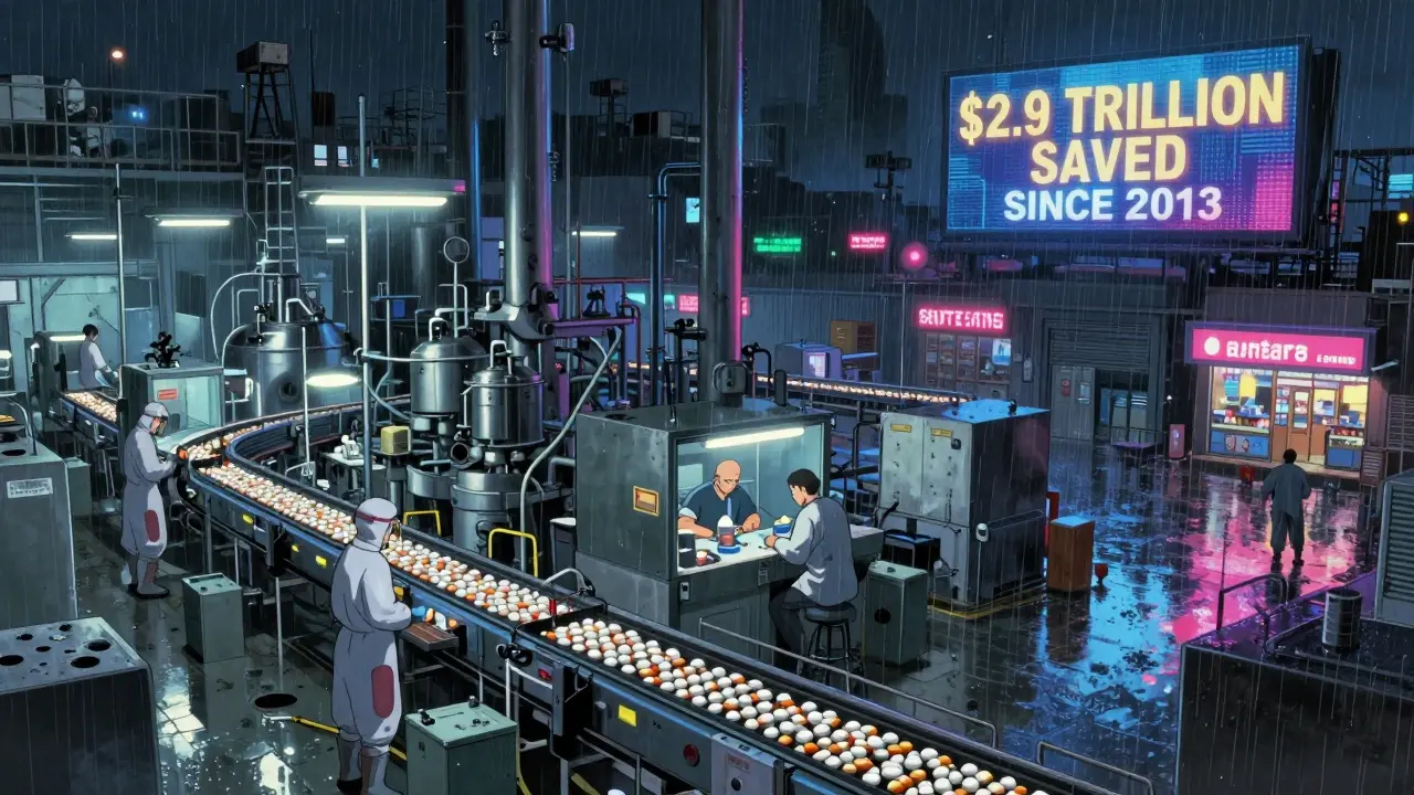 A massive generic drug factory at night with conveyor belts and digital savings totals visible under rainy neon skies.