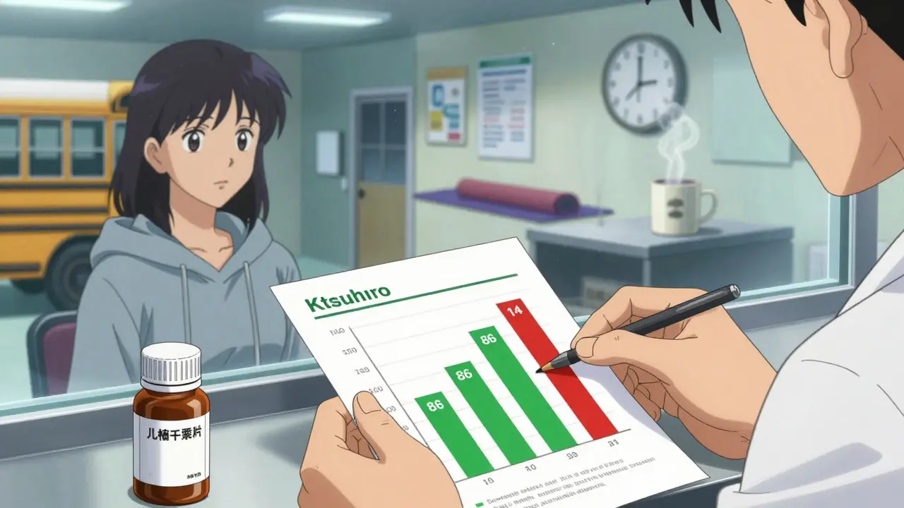 A patient examines a handout with a bar chart showing 86 people unaffected and 14 with muscle pain from statins.