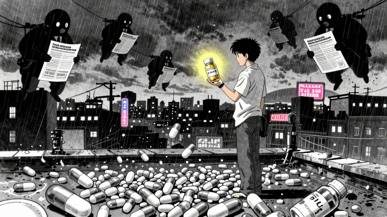 A patient on a rooftop with generic pills flooding the streets below, neon signs glowing.