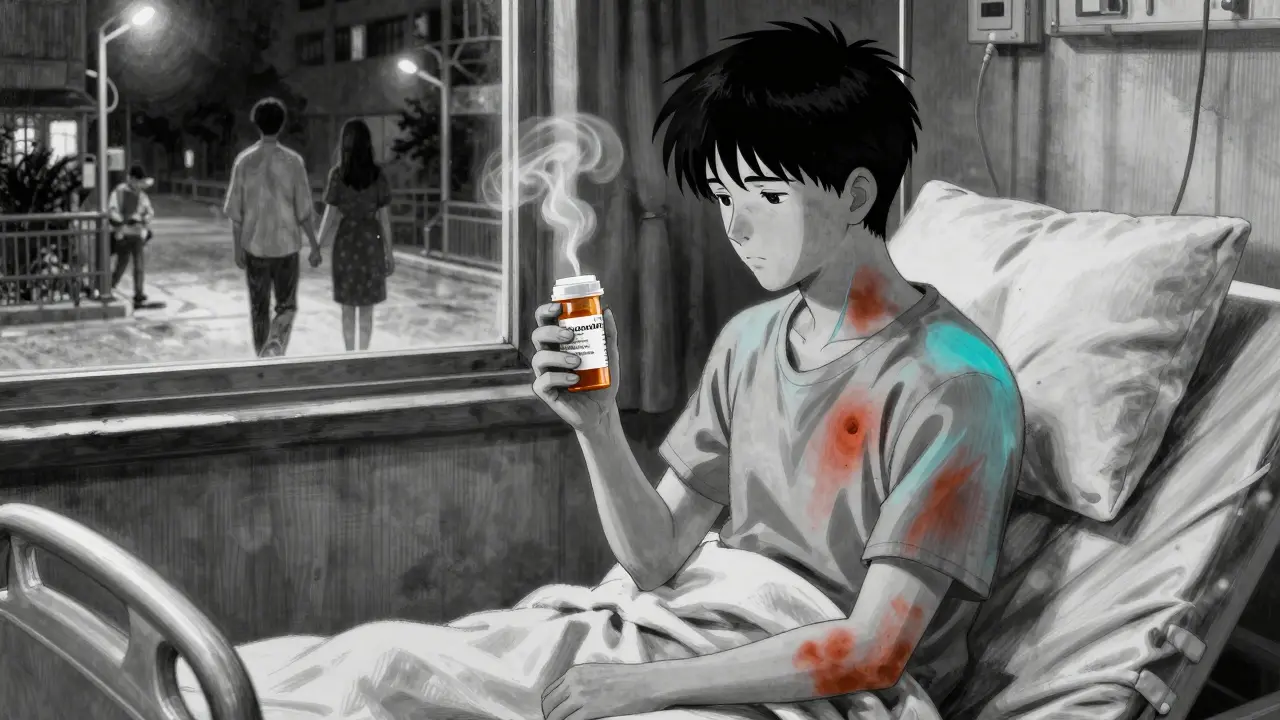 A person on a hospital bed with fading sores, holding antiviral medication, as couples walk outside.