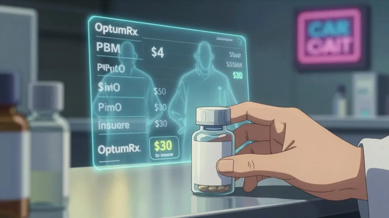 A pharmacist handing a pill bottle while holographic price spread ghosts loom behind, showing hidden corporate profits.