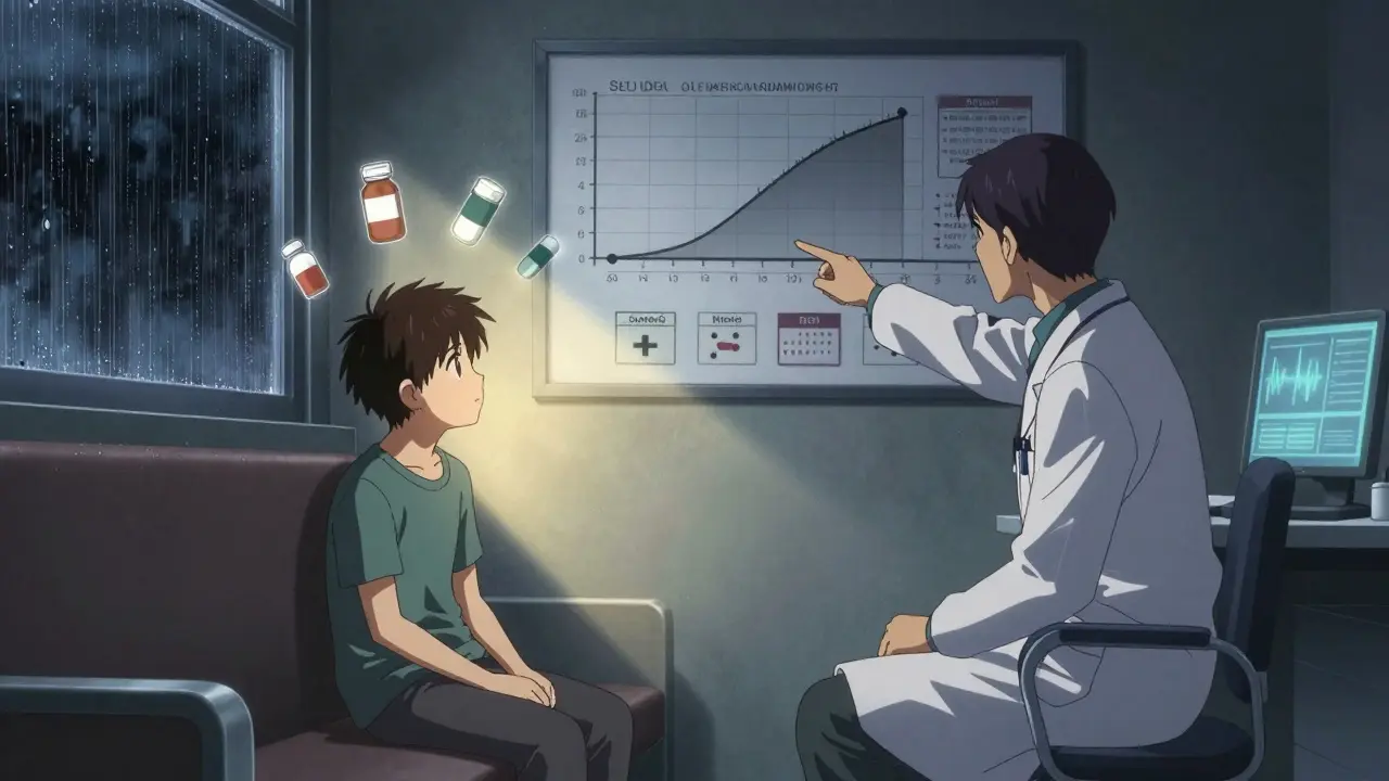 A psychiatrist and teen in a clinical office, a timeline chart shows rising suicidal thoughts during early treatment, rain outside.