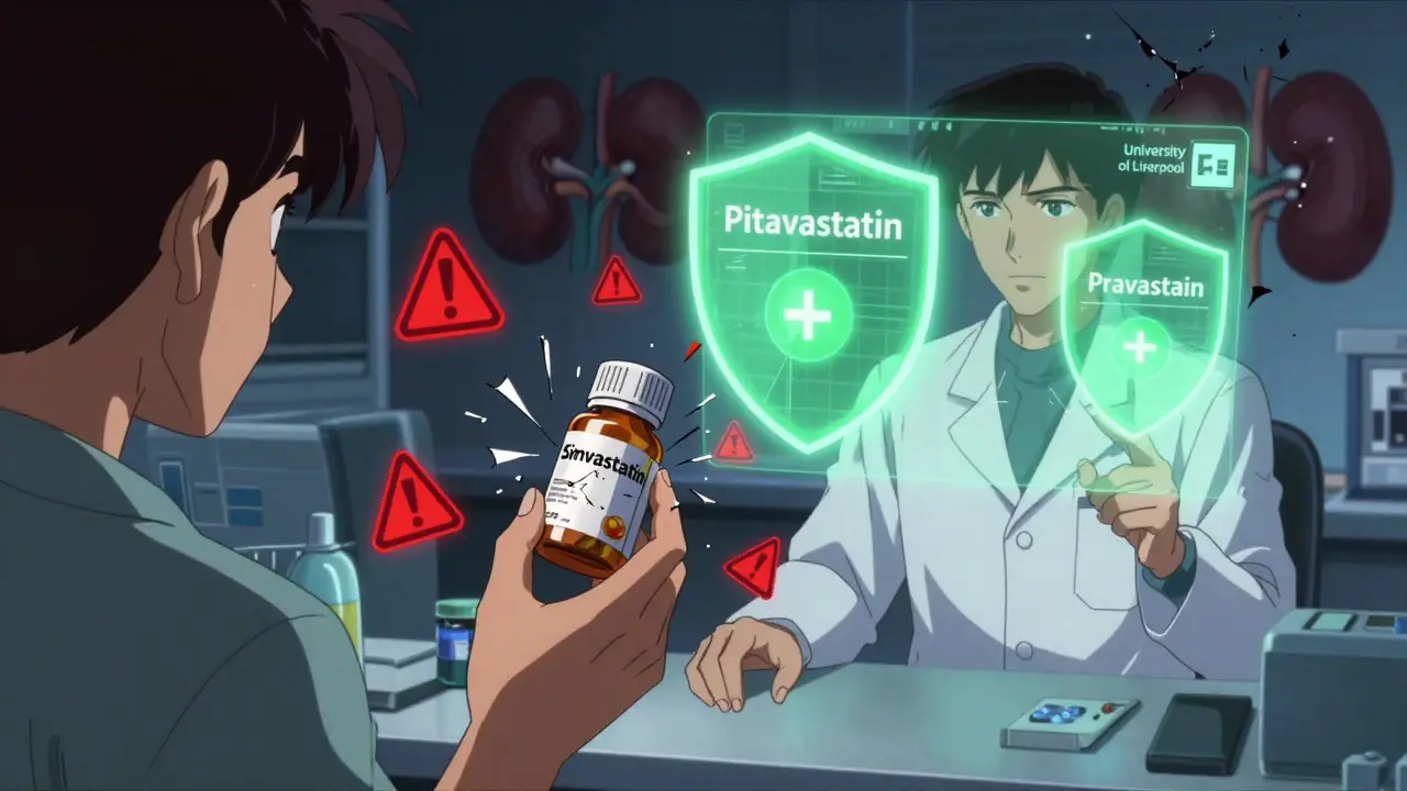 A shattered simvastatin pill surrounded by digital warnings and safe alternatives glowing in green.