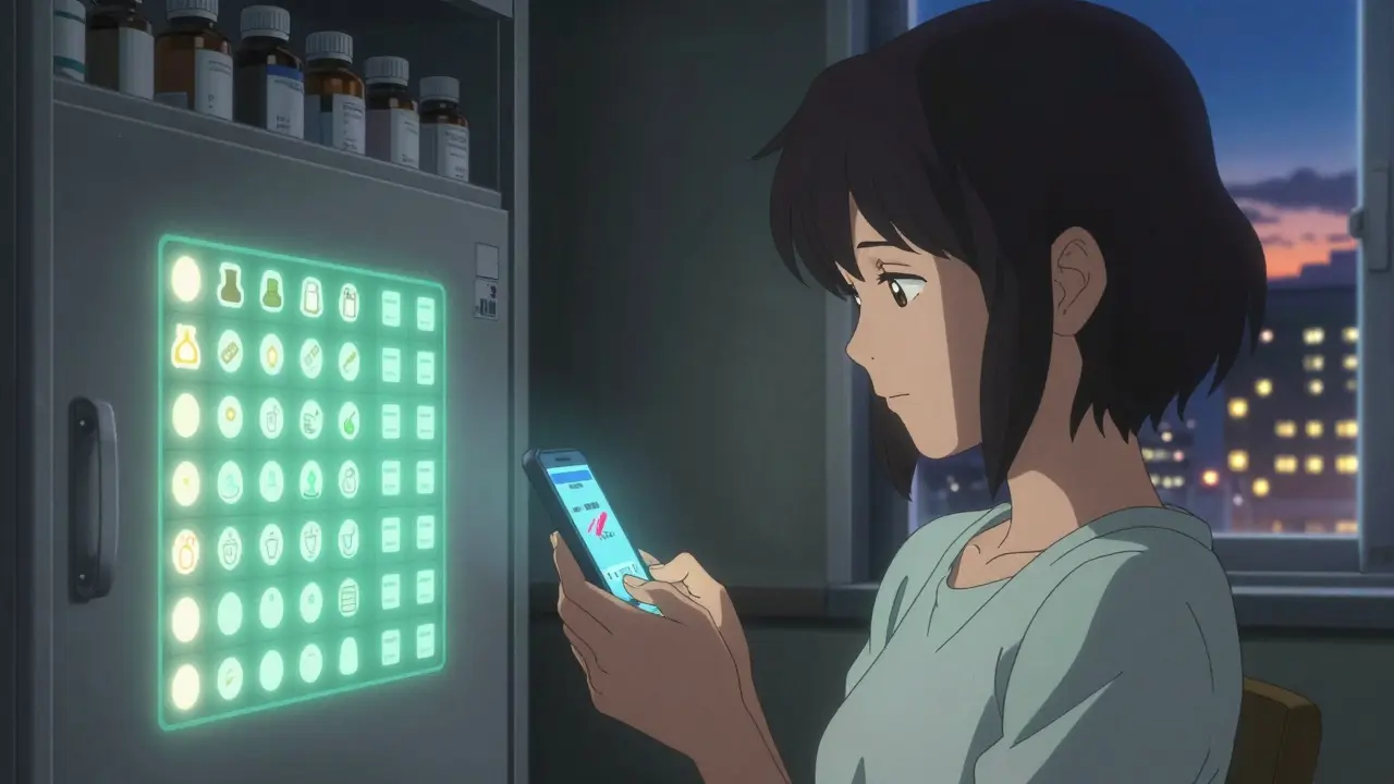 A woman smiling at her phone while a glowing sticker chart marks her medication streak.